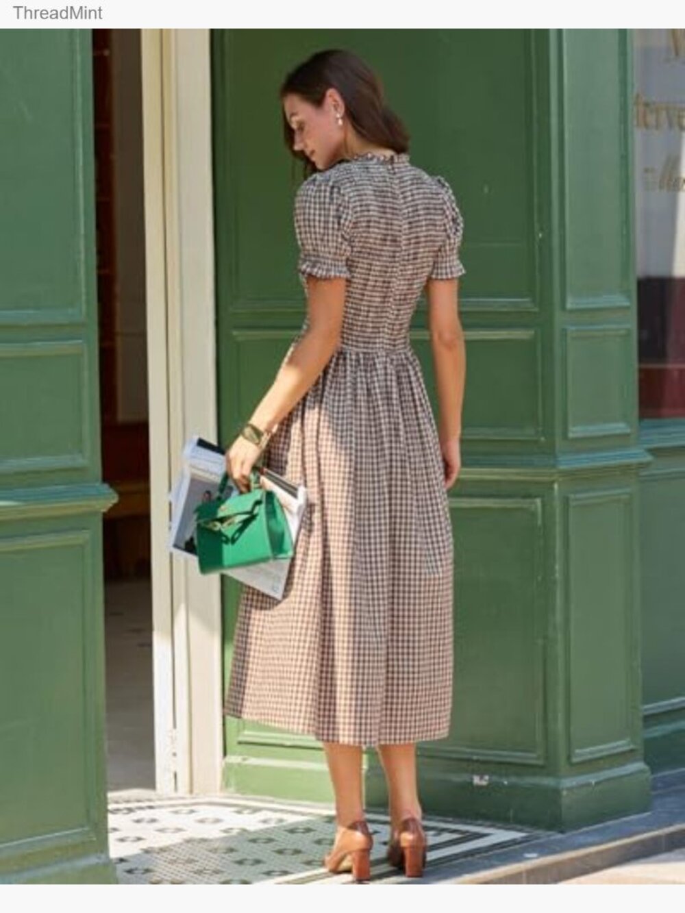 Smocked Puff Sleeve Midi Dress, Flowy A-Line Boho Sundress - Picture 4 of 7